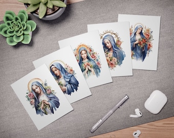 May include: Set of five watercolour prints featuring a woman in blue robes holding a bouquet of roses. The prints are on white paper with a watercolour background.