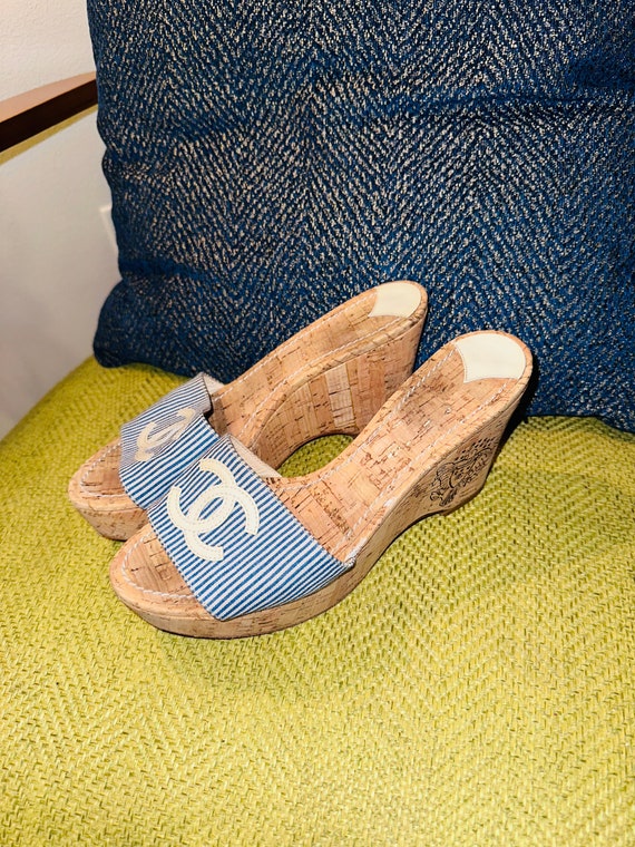 Chanel Blue/Green Canvas/Leather Camellia Wedge Sandals Size 6/36.5 -  Yoogi's Closet