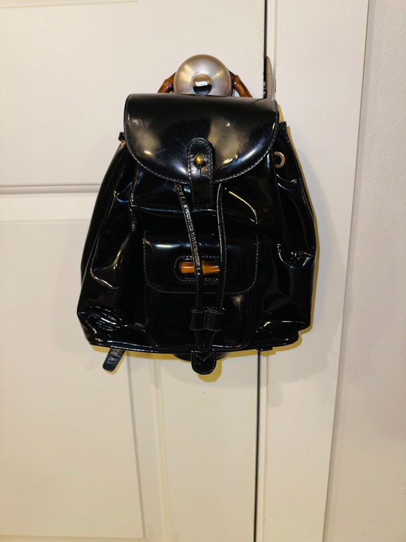 Black Gucci Bamboo Patent Leather Drawstring Backp