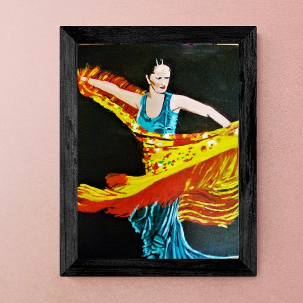 peinture huile sur toile danseuse flamenco au châle jaune pour décoration murale