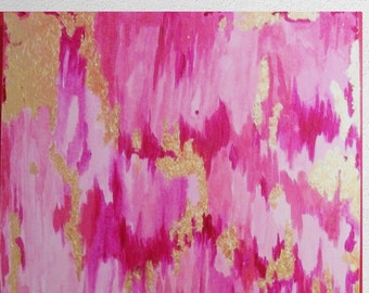 Peinture Abstraite sur toile camaïeu de rose et feuille d' Or pour décoration murale