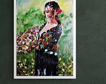 Original painting of a woman with a bouquet of flowers, oil painting for wall decoration
