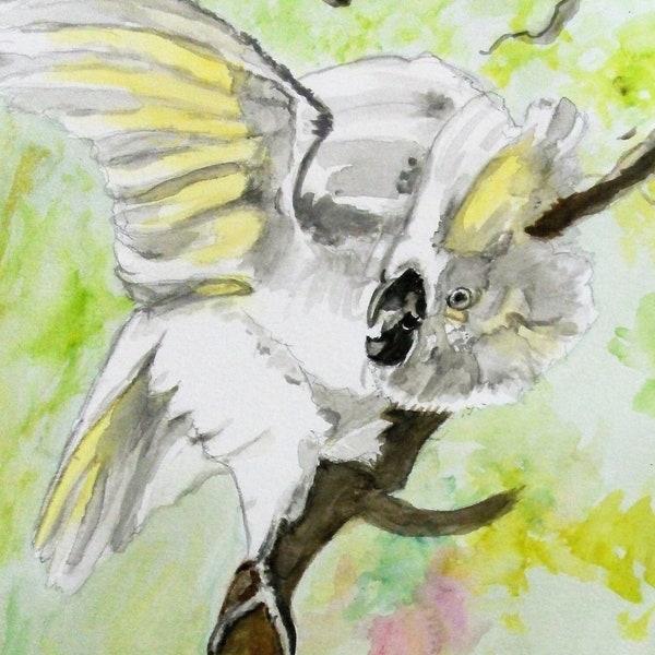 Aquarelle originale Perroquet blanc sur papier ,peinture d'oiseau pour décoration murale