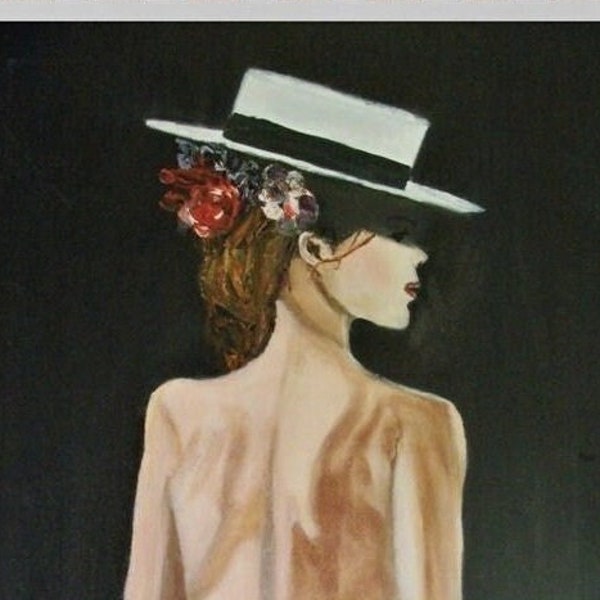 Peinture figurative originale Femme nue de dos, femme au chapeau de paille pour décoration murale