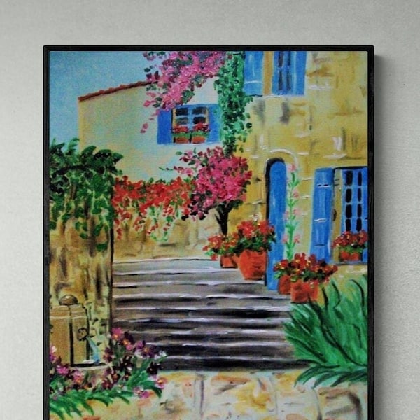 Peinture à l'huile paysage provençal fleuri pour décoration murale