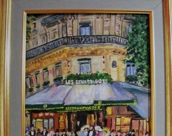 Peinture huile sur toile encadrée Paris Les Deux Magots XIXème