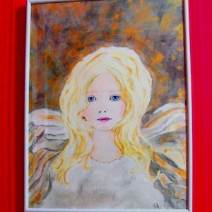 Angel cherub watercolor, gold pigment painting for wall decoration