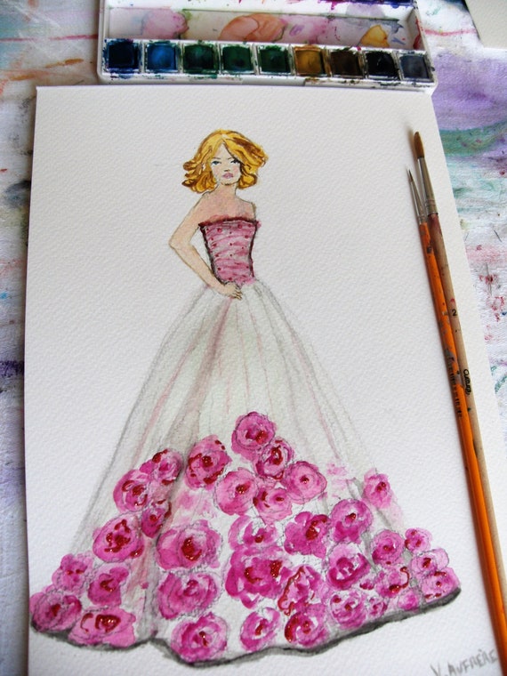 Aquarelle illustration de mode robe de soirée rose pour décoration murale