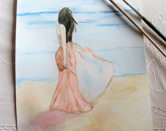 Mulher em aquarela à beira-mar, aquarela de praia boho