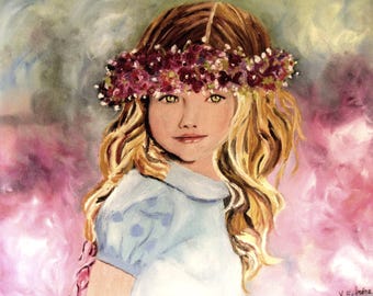 Romantic Portrait Oil Painting Girl with Flower Crown for Wall Décor