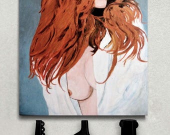 Portrait of a sensual redhead, oil painting for wall decoration