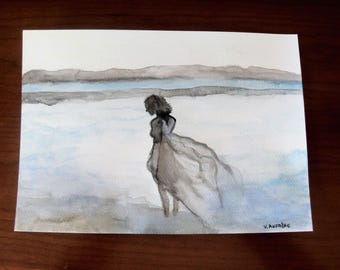 Aquarela original, tema praiano, arte de parede em tons pastel, aquarela romântica.
