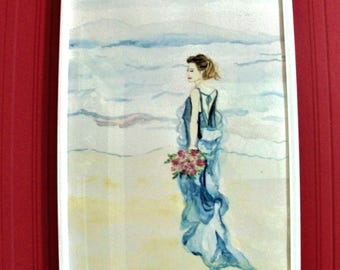 Pintura romântica em aquarela de uma mulher de azul para decoração de parede.