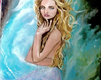 Mermaid original figurative oil painting portrait of a mythical woman for wall decoration