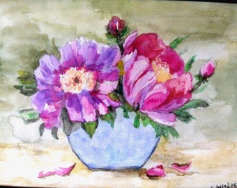 botanical watercolor Peonies in vase,Watercolor of flowers,floral Watercolor,paint Peony vase,paint pink peonies,Wall art peonies