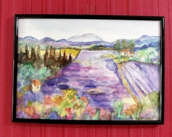 Paisagem impressionista em aquarela da Provença com lavanda, arte de parede da Provença, aquarela da Provença, paisagem botânica, flores