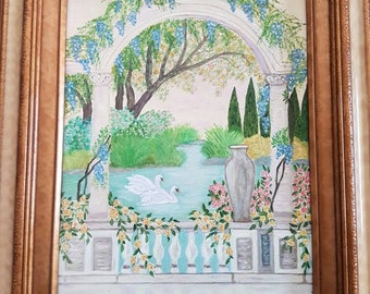 Swans on the lake under the wisteria signed oil painting on canvas