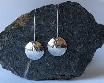 Silver hammered disc long drop earrings