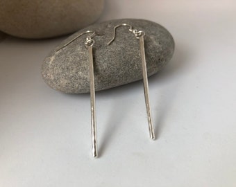 Silver long hammered rod earrings, sterling silver, handmade, drop earrings