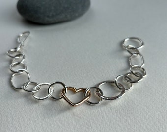 Handmade silver with gold filled heart jumble chain bracelet