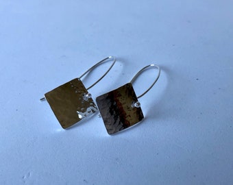 Silver hammered square drop earrings - silver drops - textured