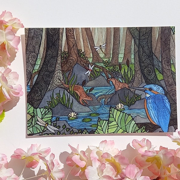 Kingfisher Forest, Otters and River Wildlife Small Postcard Sized Art Print