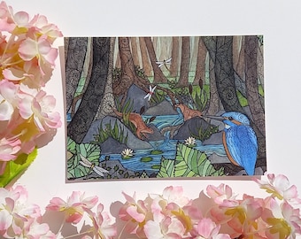 Kingfisher Forest, Otters and River Wildlife Small Postcard Sized Art Print