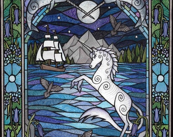 A Shadow on the Sea, Unicorn and Narwhal Celtic Watercolour Art Print Unframed