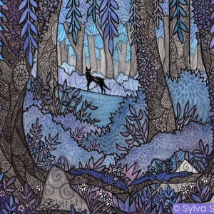 THE SHADOW, Black Wolf Magical Celtic Forest Watercolour Art Print