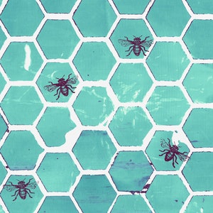 Pollinator Bumblehoney Aqua Teal Fabric by the yard from Leslie Tucker Jenison for RJR LT303-AQ1