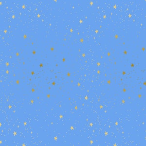 Primavera Stars Periwinkle Blue with Metallic Gold Star Accents Fabric by the yard from Rifle Paper Co for RJR RP310-PE5M image 1