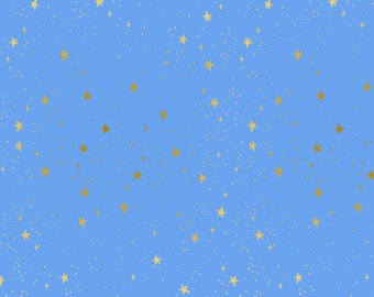 Primavera Stars Periwinkle Blue with Metallic Gold Star Accents Fabric by the yard from Rifle Paper Co for RJR RP310-PE5M