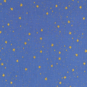 Primavera Stars Periwinkle Blue with Metallic Gold Star Accents Fabric by the yard from Rifle Paper Co for RJR RP310-PE5M image 2