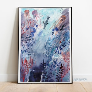 Art print: Seal in the depths. Fine art giclee print on archival paper. Illustration. 50x70, 42x59,4, 30x42, 21x30 cm. Poster.