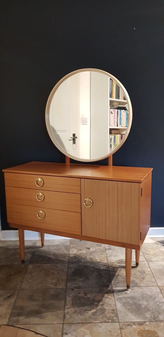 Retro Vintage 3 Drawers Teak Dressing Table With Round Mirror Etsy