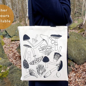 Autumn Mushroom Tote Bag, Fungi Print Screen-printed Tote Shopping Bag, Black and White, Mustard, Green Rust or Grey