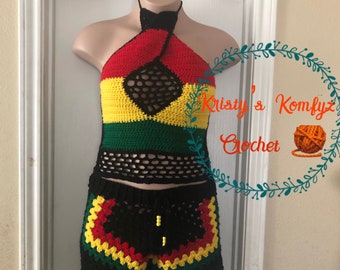 Rasta Colored Crochet Top & matching Granny Square shorts