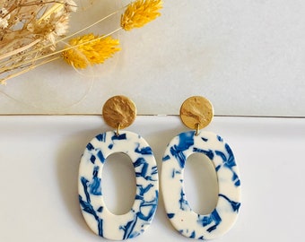 Boucles d'oreilles pendentif acétate Marbré bleu et ivoire