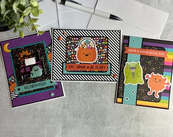 Set of 3 handmade Halloween cards! Cute, funny kids or adults Halloween party cards. Doodlebug designs! Halloween card set with envelopes!