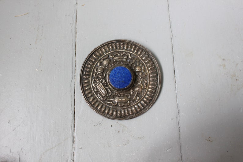 Vintage Large Silver and Lapis Lazuli Repouss\u00e9 Brooch Scarf Pin Coat Pin Blue Pin