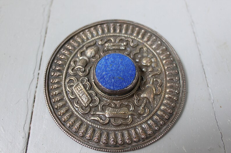 Vintage Large Silver and Lapis Lazuli Repouss\u00e9 Brooch Scarf Pin Coat Pin Blue Pin