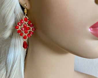 Handmade Ruby Red Beaded Earrings, Birthday Gifts