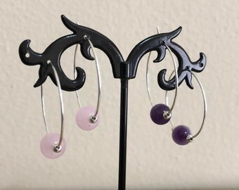 Lace Amethyst or Rose Quartz Silver Hoops