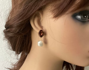SmokedTopaz Swarovski Crystal Pearls Stud Post Earrings