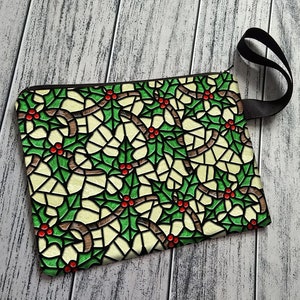 Stained Glass Holly Wristlet Clutch Bag Purse Holiday Greens Handmade to Order