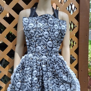 Bag of Bones Apron Retro Ruffle Adult Pinafore Dinner Party Hostess Halloween Horror Handmade to Order