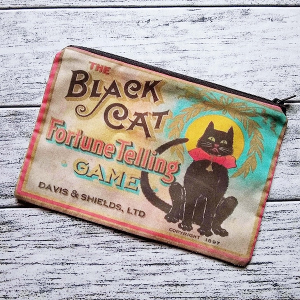 Black Cat Fortune Zipper Pouch Cosmetic Makeup Bag Halloween Handmade to Order