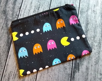 Pac and Ghost Zipper Pouch Cosmetic Makeup Bag Geek Gamer Ready to Ship