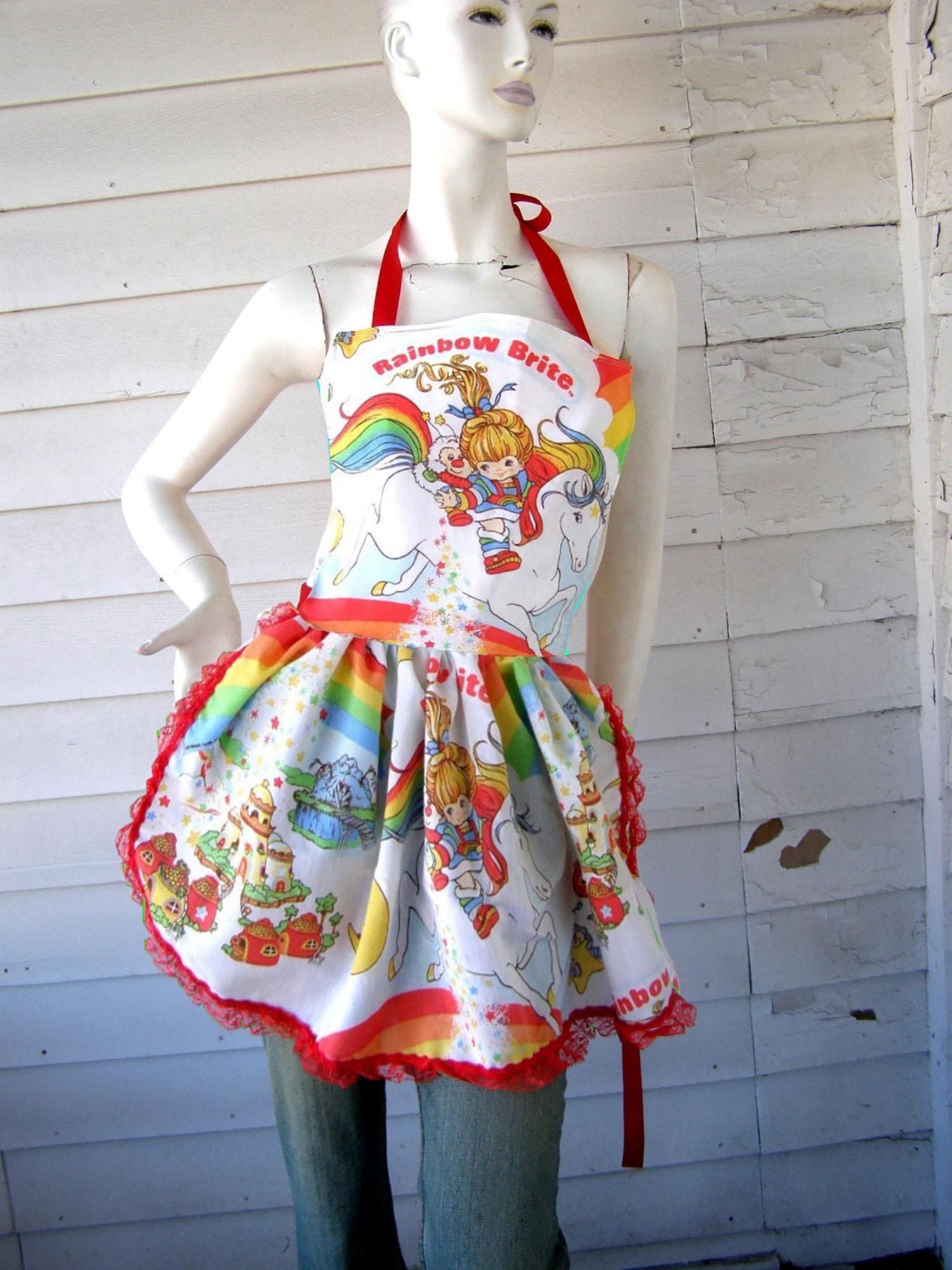Reconstruct Apron Rainbow Brite Apron Retro Ruffle Adult Pinafore Vintage Reconstruction ...