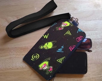 Invader Zim PHONE Wallet Glasses Pouch with Black neck Lanyard Handmade to Order